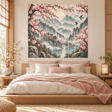 Cherry Blossom Mountain Landscape Wall Decal | Misty Pagoda and Bridge Scene | Vinyl Wall Decor for Bedroom or Living Room | Three Panel