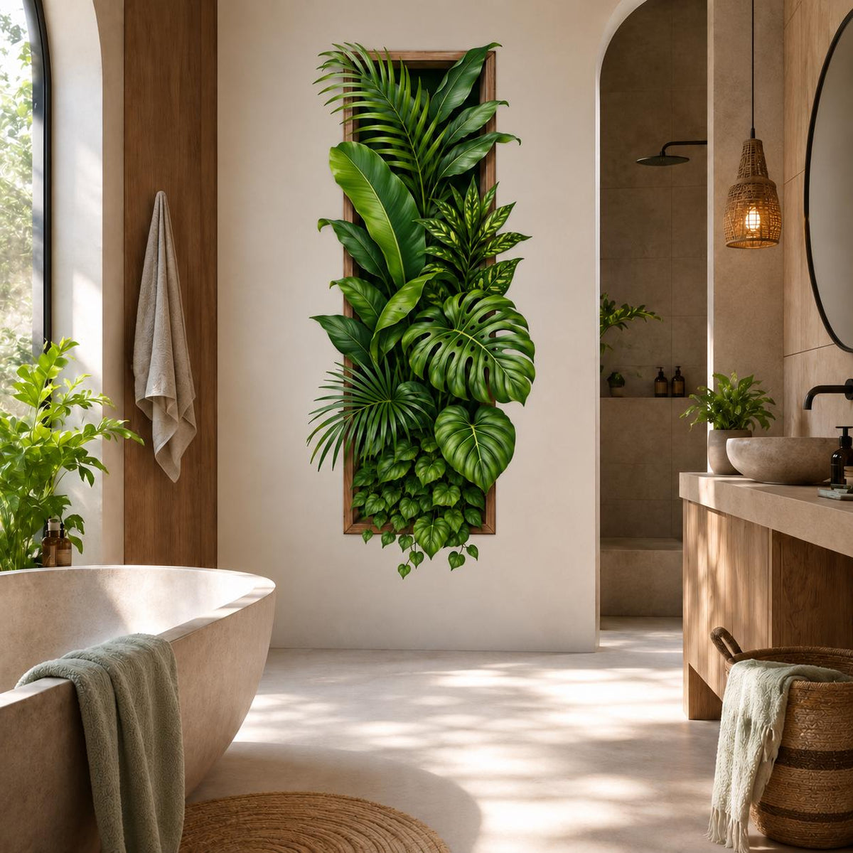 Tropical Botanical Wall Decal | Framed Greenery Wall Decor | Vertical Plant Wall Sticker | Indoor Jungle Living Room Decor | Vinyl Wall Art