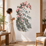 Pink Magnolia Mountain Wall Decal | Watercolor Waterfall Landscape Wall Sticker | East Asian Inspired Bedroom Decor | Vinyl Wall Decor Zen