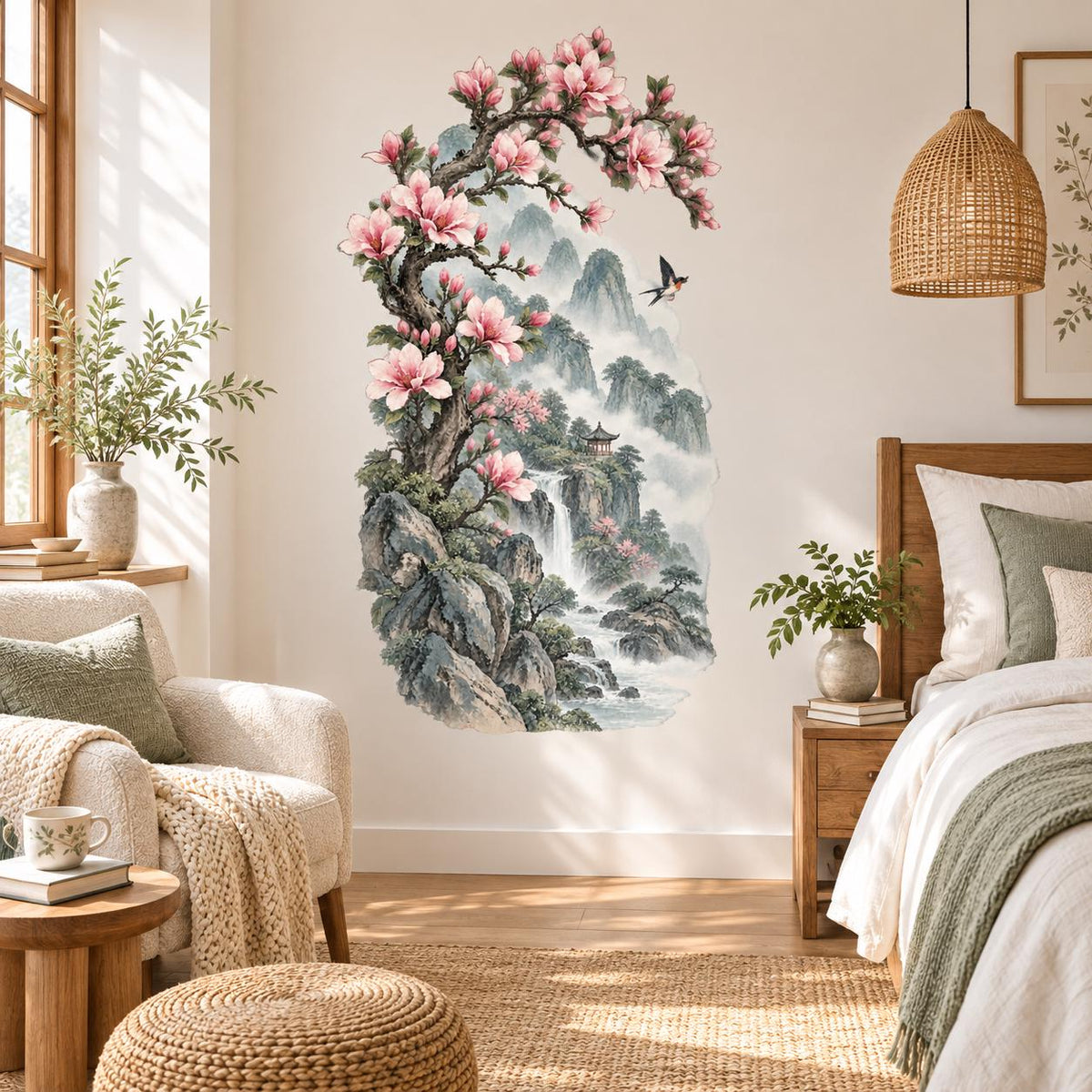 Pink Magnolia Mountain Wall Decal | Watercolor Waterfall Landscape Wall Sticker | East Asian Inspired Bedroom Decor | Vinyl Wall Decor Zen