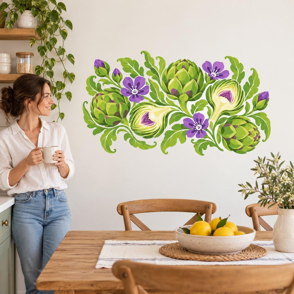 Artichoke Botanical Wall Decal | Colorful Vegetable Floral Kitchen Decor | Vinyl Garden Wall Sticker | Cottage Dining Room Decor Wall Art