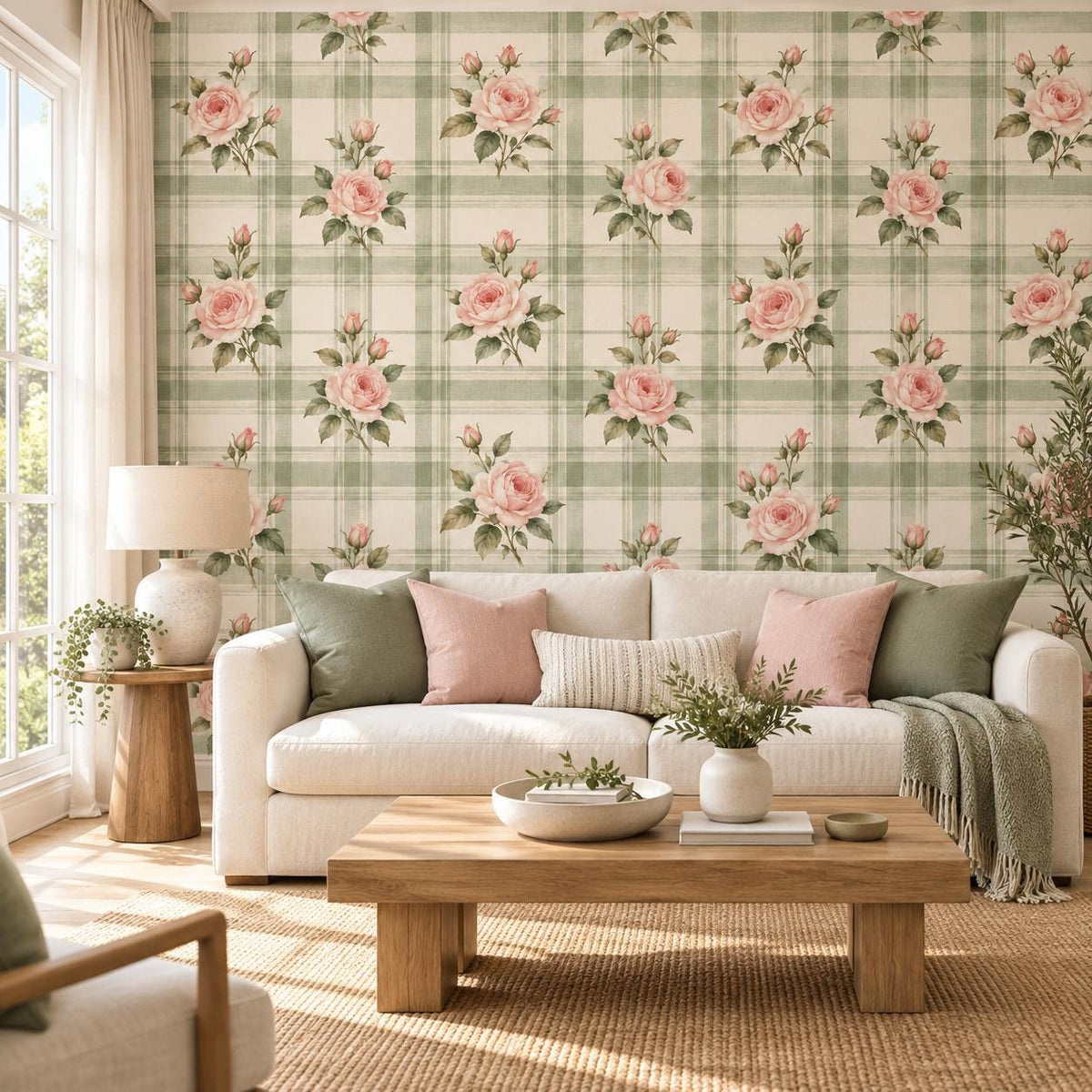 Pink Rose Floral Plaid Wallpaper | Self Adhesive Vinyl Wall Mural | Cottage Kitchen Decor | Vintage English Country Pattern | Sage Green