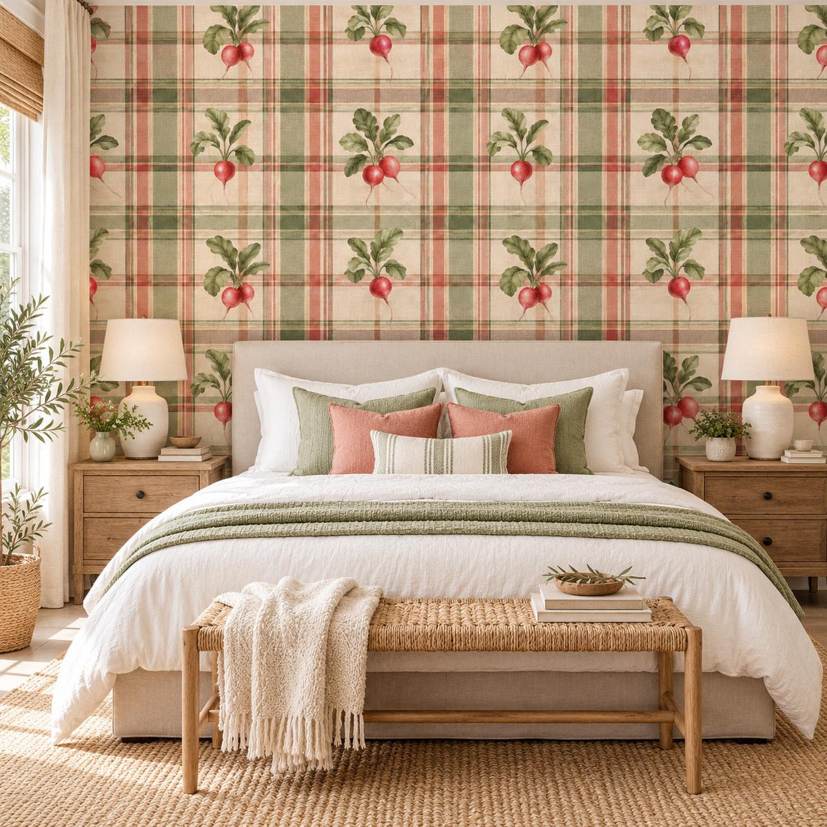 Radish Plaid Self Adhesive Wallpaper | Vintage Vegetable Kitchen Wall Mural | Cottagecore Dining Room Decor | Vinyl Wall Covering Panels