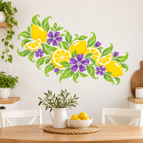 Lemon and purple floral wall decal with whole and sliced yellow lemons, curling green leaves and violet flowers.
