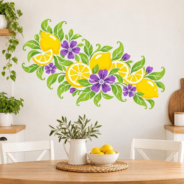 Lemon and purple floral wall decal with whole and sliced yellow lemons, curling green leaves and violet flowers.