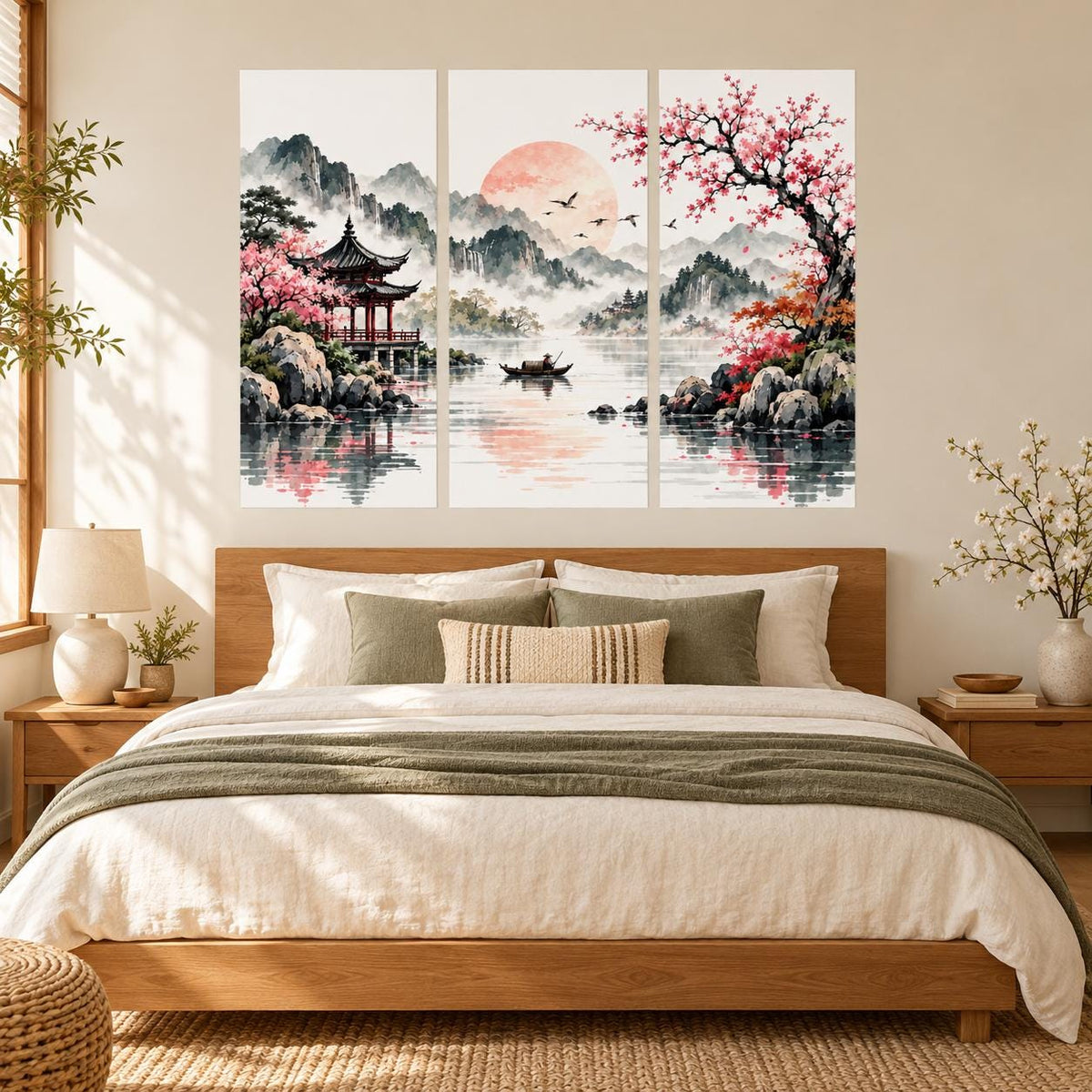 Asian Landscape Wall Decal Pagoda and Flowering Trees | Watercolor Mountain Lake Mural | Vinyl Living Room Decor | Cherry Blossom Wall Art