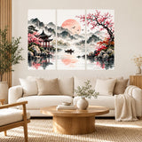 Asian Landscape Wall Decal Pagoda and Flowering Trees | Watercolor Mountain Lake Mural | Vinyl Living Room Decor | Cherry Blossom Wall Art
