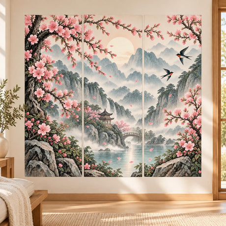 Cherry blossom landscape wall decal with misty mountains, a pagoda, an arched bridge and birds in a three panel composition.