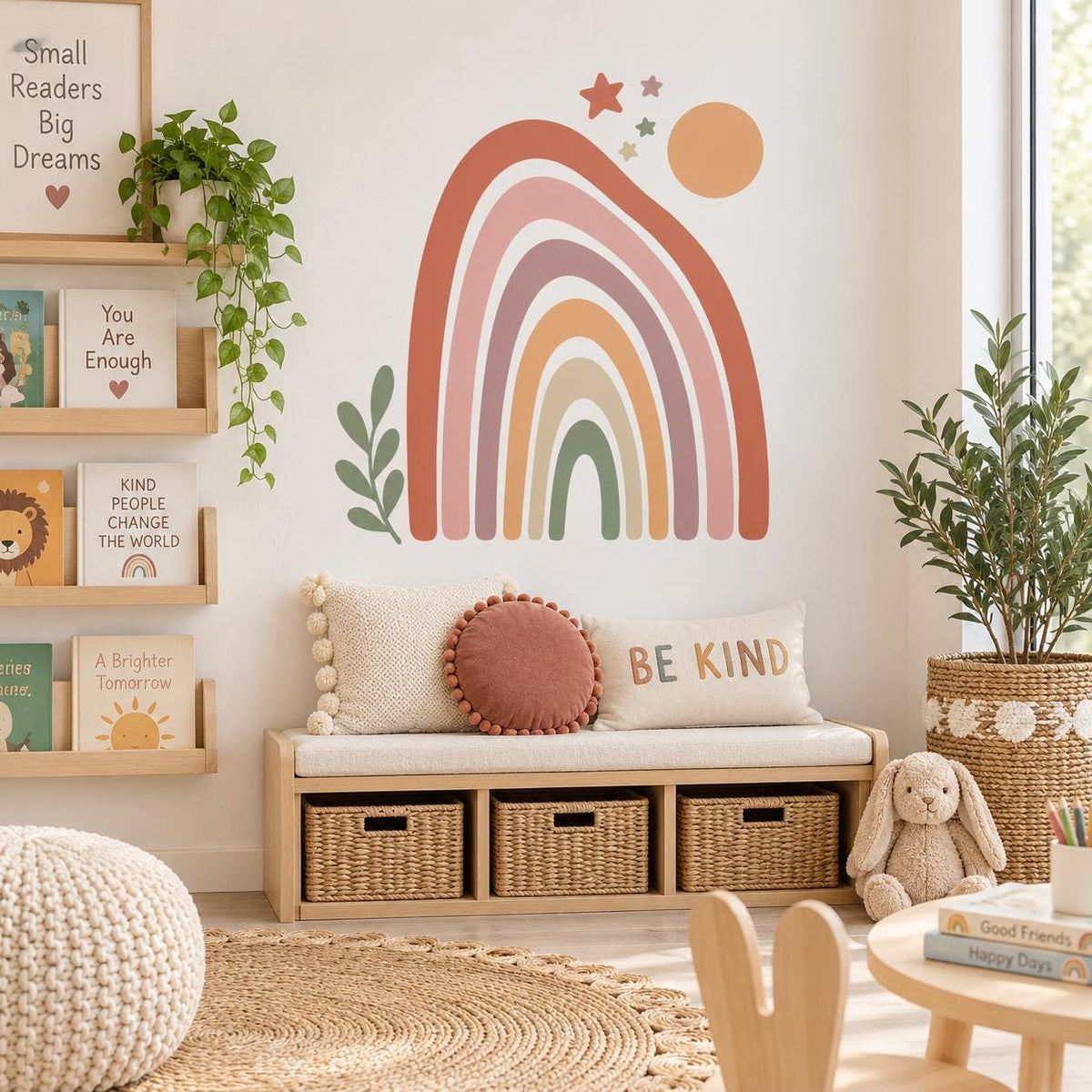 Boho Rainbow Wall Decal | Earth Tone Nursery Wall Decor | Retro Sun and Stars Vinyl Wall Sticker | Gender Neutral Baby Room Decor | Playroom