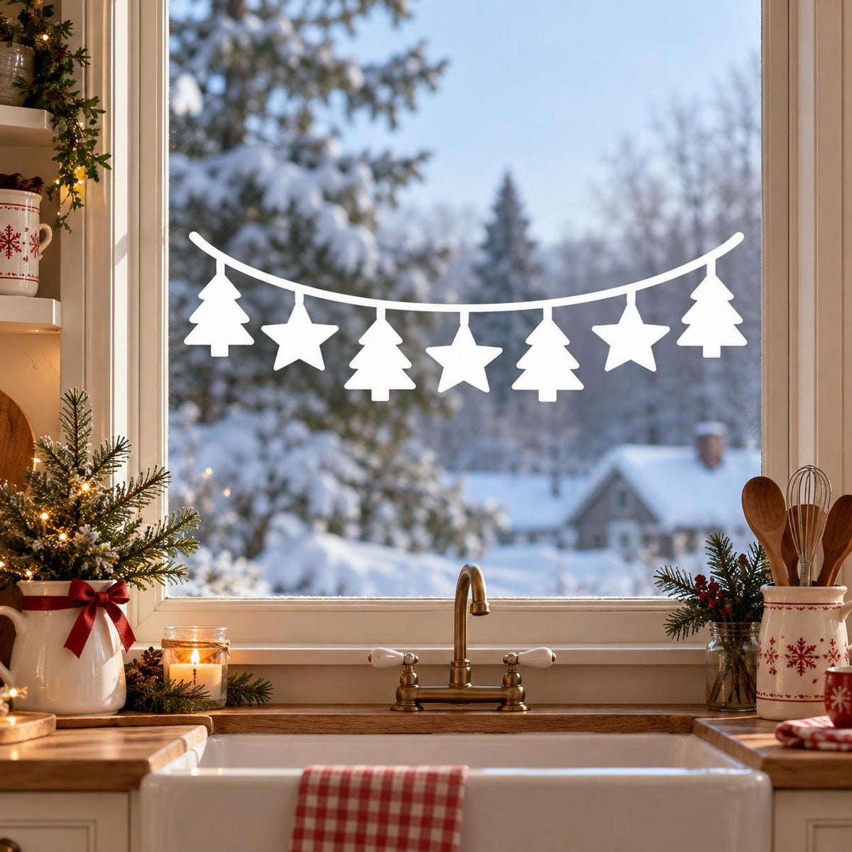 Christmas Tree and Star Garland Window Decal | White Vinyl Holiday Sticker | Minimalist Winter Home Decor | Scandinavian Christmas Decor