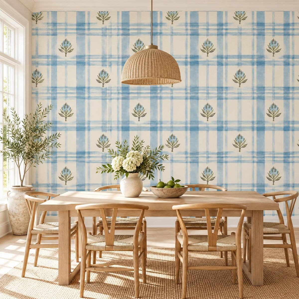 Blue Botanical Plaid Self Adhesive Vinyl Wallpaper | Watercolor Floral Gingham Wall Mural | Cottage Living Room Decor | Cream Accent Wall