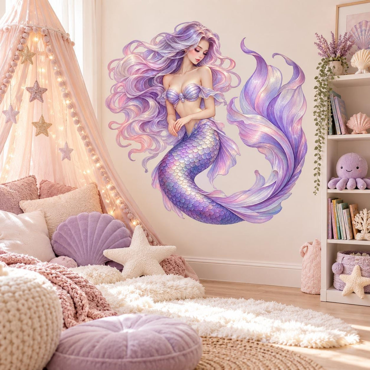 Purple Mermaid Wall Decal | Fantasy Bathroom Decor | Lavender Vinyl Wall Sticker | Whimsical Ocean Inspired Wall Decor | Large Mermaid Art