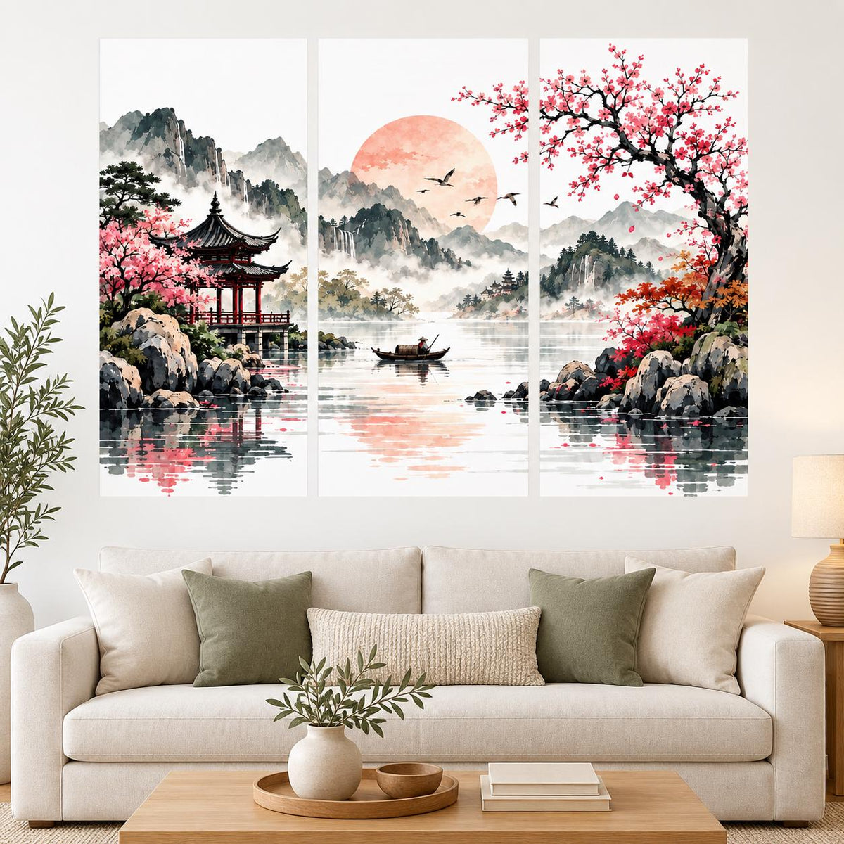 Three section Asian landscape wall decal with misty mountains, a peach sun, a lake, a boat, a red pavilion and pink blossoms.
