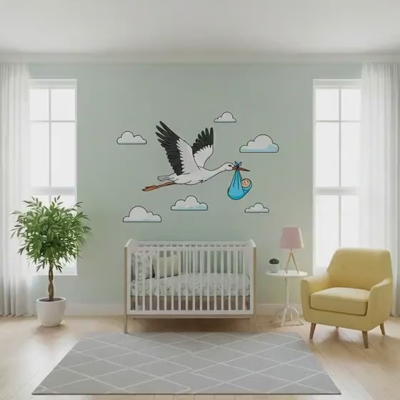 Stork Delivering Baby Boy | Nursery Wall Decal