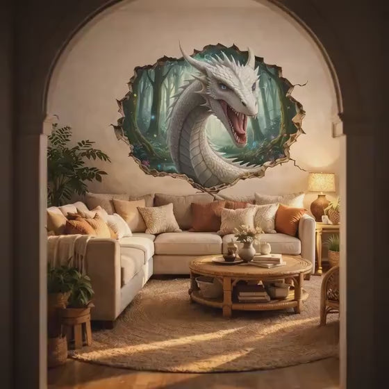 White Dragon Wall Decal | 3D Wall Hole Sticker