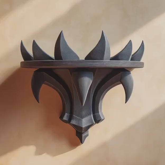 3D Printed Gothic Flame Wall Shelf | Dark Fantasy Spiked Ledge | Black PLA Floating Display for Living Room, Bedroom or Game Room Decor