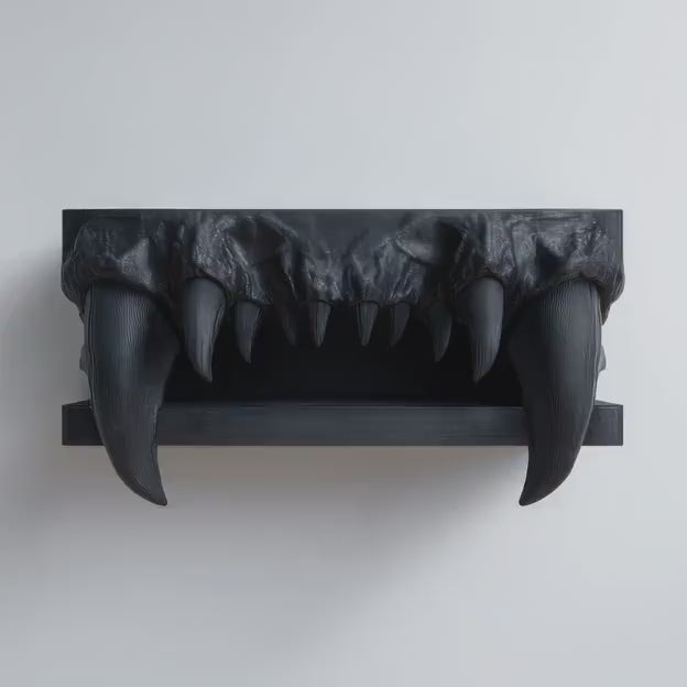 3D Printed Vampire Fangs Wall Shelf | Gothic Monster Jaw Decor | Dark Fantasy Floating Ledge for Horror Bedroom, Gaming Room or Hallway