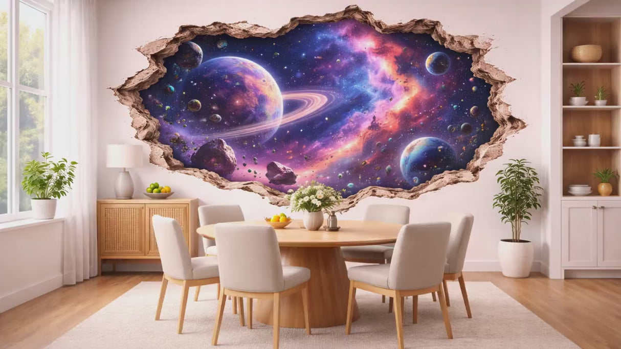 3D Space Galaxy Wall Decal | Cracked Wall Planet Nebula Sticker