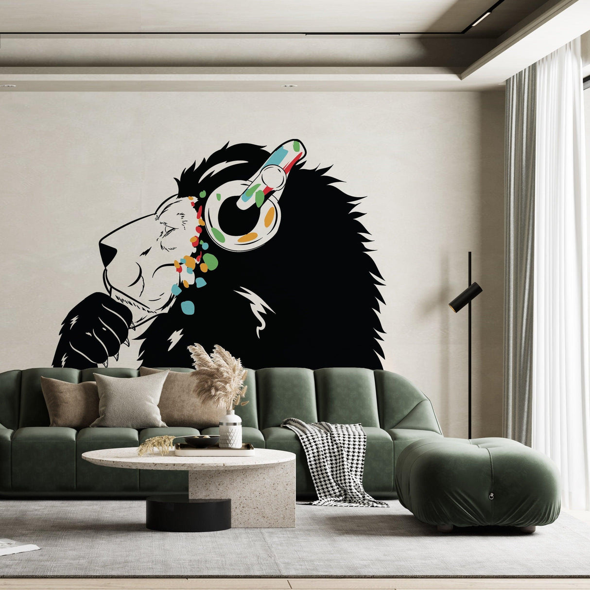 Street art lion wall decal with headphones in a modern living room setting, blending music and creativity.