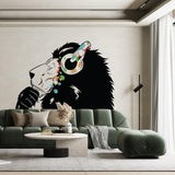 Street art lion wall decal with headphones in a modern living room setting, blending music and creativity.