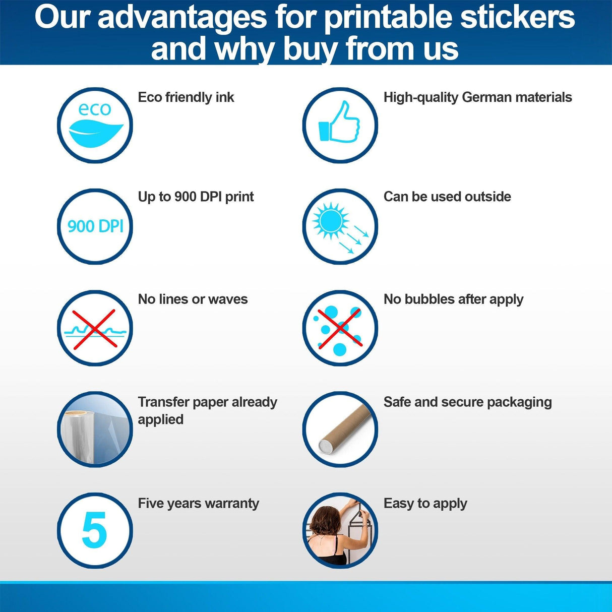Advantages of our printable stickers including eco-friendly ink, high quality, easy application, and five-year warranty.