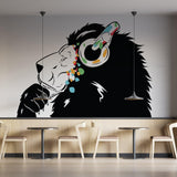 Street art inspired lion wall decal featuring headphones and colorful elements in a modern cafe setting.