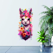 Whimsical alpaca wall sticker with colorful flowers.