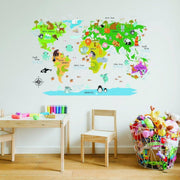 Colorful world map wall decal featuring animals.