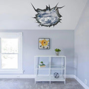 3D cracked-sky ceiling decal revealing blue sky and clouds