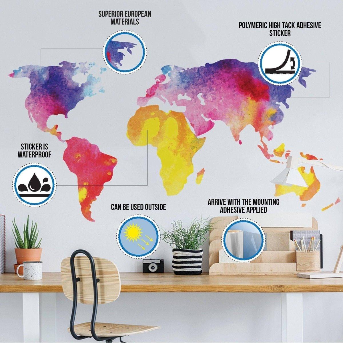 Colorful world map wall sticker showcasing waterproof, high tack adhesive for indoor/outdoor use.