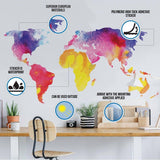 Colorful world map wall sticker showcasing waterproof, high tack adhesive for indoor/outdoor use.