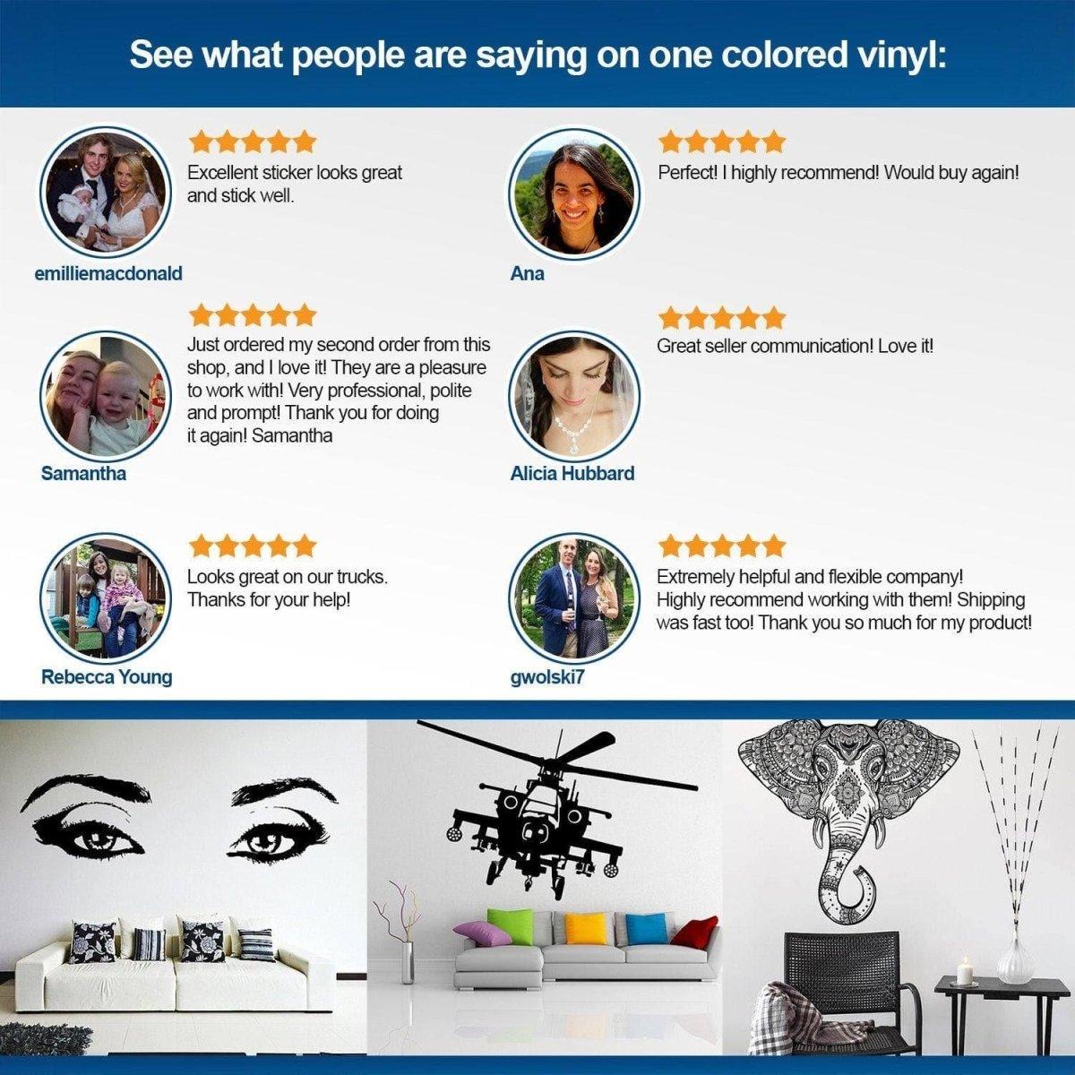Customer reviews for one colored vinyl stickers, showcasing positive feedback and unique wall decal applications.