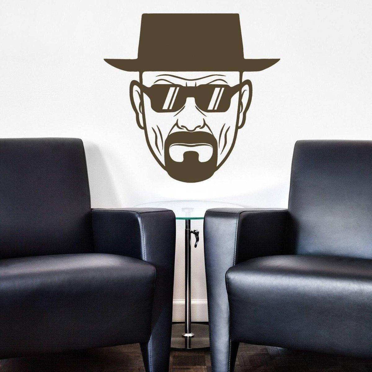 Breaking Bad Heisenberg vinyl sticker on wall between two chairs, showcasing humorous wall decal artwork