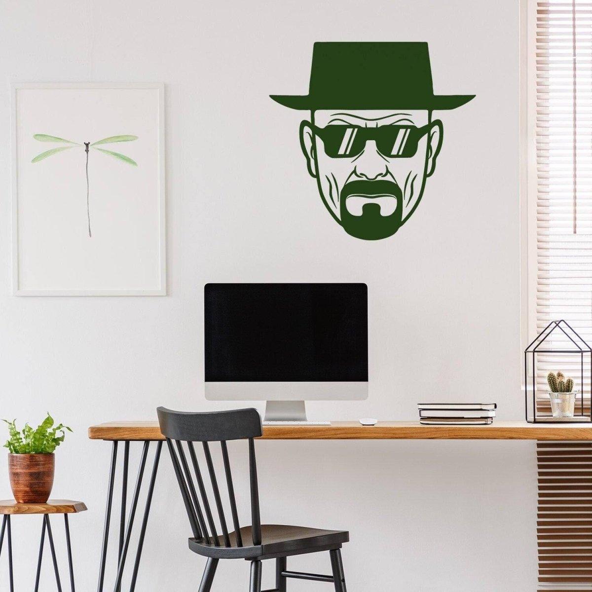 Breaking Bad Heisenberg vinyl sticker on a wall in a modern workspace, adding humor and style to the decor.