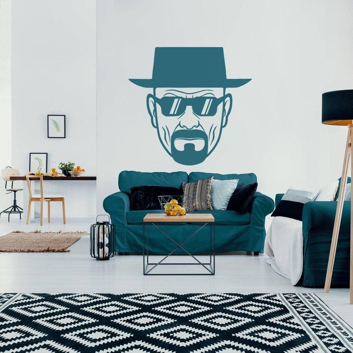 Humorous Heisenberg vinyl wall sticker featured in stylish living room decor.