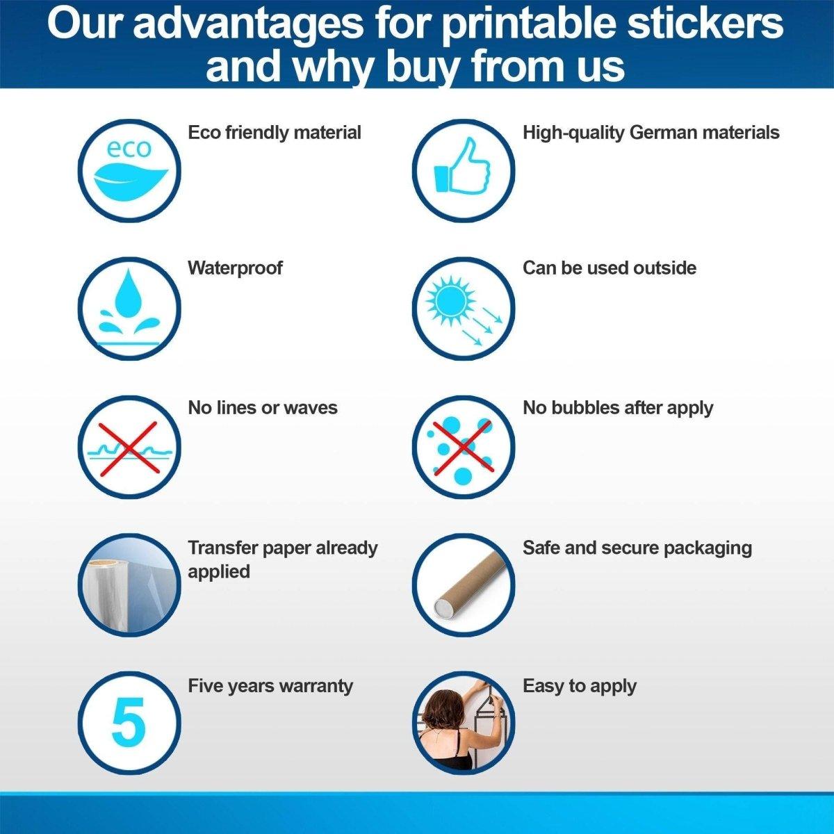 Advantages of printable stickers: eco-friendly, waterproof, no bubbles, easy to apply, five years warranty.