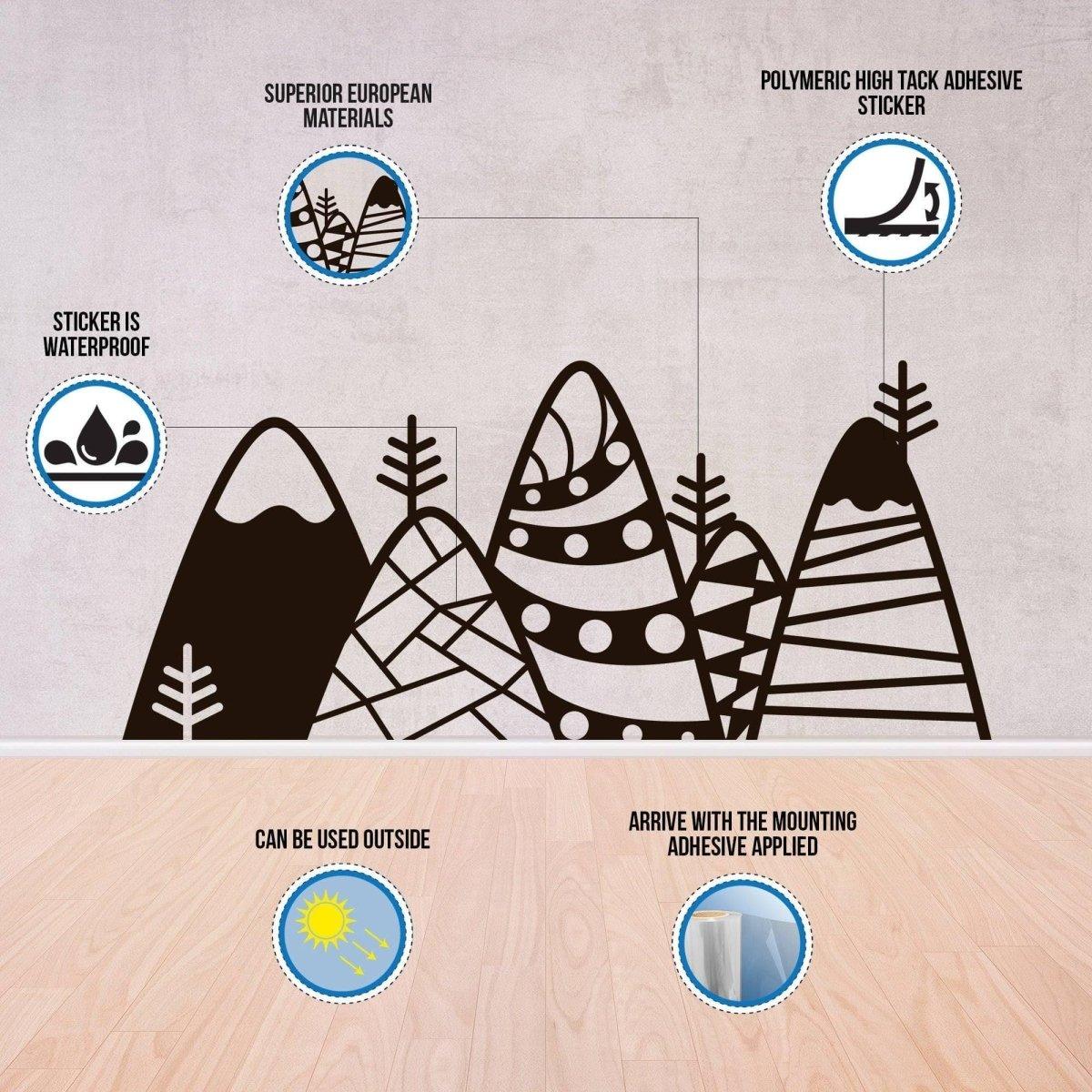 Stylish mountain wall sticker highlighting waterproof and durable features for interior or exterior use.