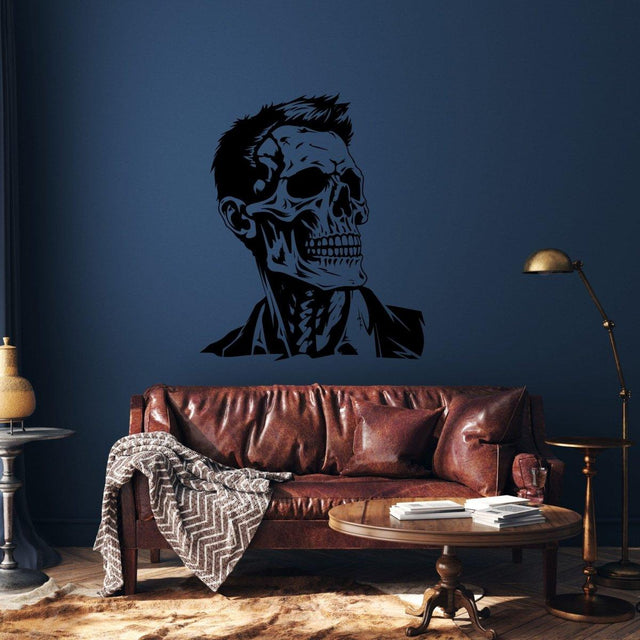 Stylized anatomical portrait vinyl decal displayed on a blue wall.