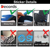Sticker details showing glossy, waterproof vinyl with no transparent edges, highlighting durability and easy application.