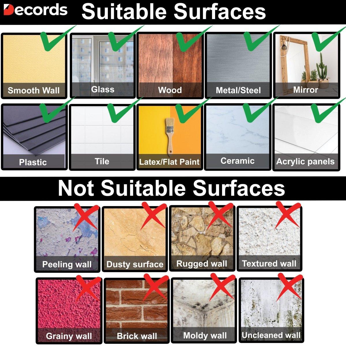 Image showing suitable and unsuitable surfaces for wall decals, highlighting appropriate installation areas.
