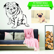 Custom wall decal of a pug dog with a cozy living room setup, showcasing personalized pet portrait vinyl sticker.