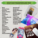Graphic showing various products for custom transfers including mugs, notebooks, t-shirts, and more.