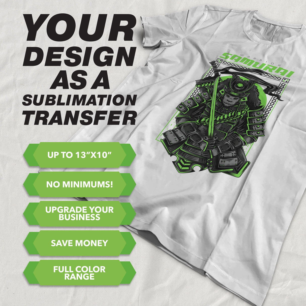 Customizable sublimation transfer t-shirt featuring a samurai design with printing options and benefits listed.
