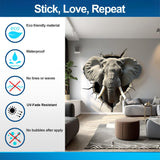 3D elephant head wall sticker with broken illusion effect in modern room, highlighting eco-friendly and waterproof features.