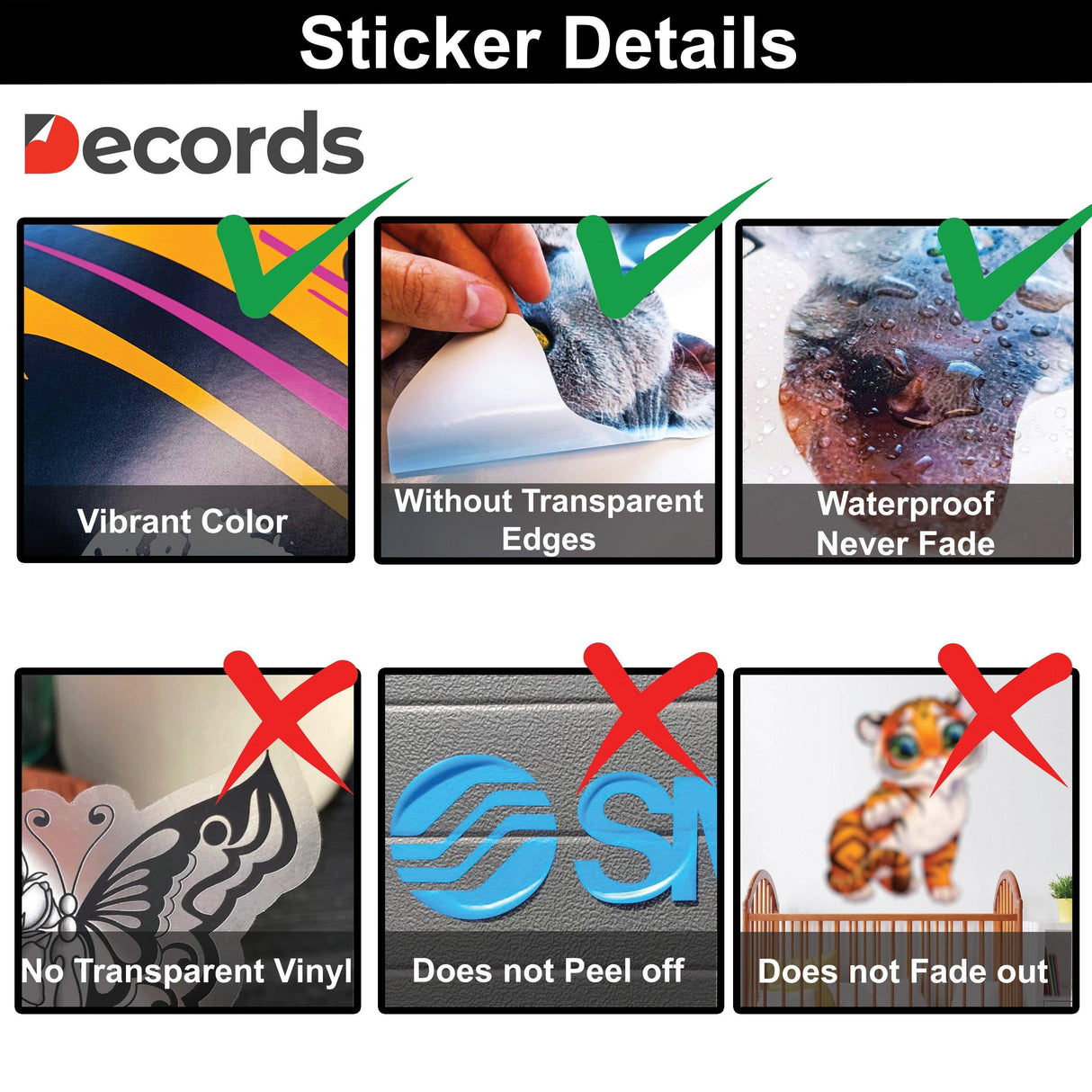 Sticker details showing vibrant colors, waterproof features, and no transparent vinyl for quality assurance.