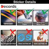 Sticker details showing vibrant colors, waterproof features, and no transparent vinyl for quality assurance.