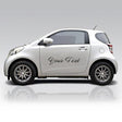 Custom die-cut vinyl text sticker displayed on a vehicle.